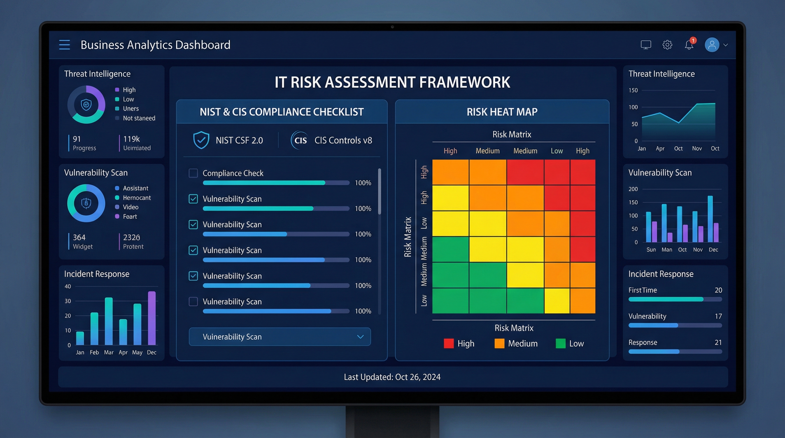 IT risk assessment framework dashboard with compliance heat map